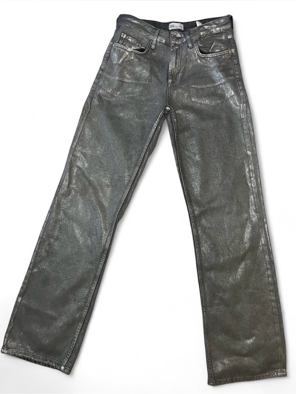 Zara Metallic Silver Shimmer Straight-Leg Jeans